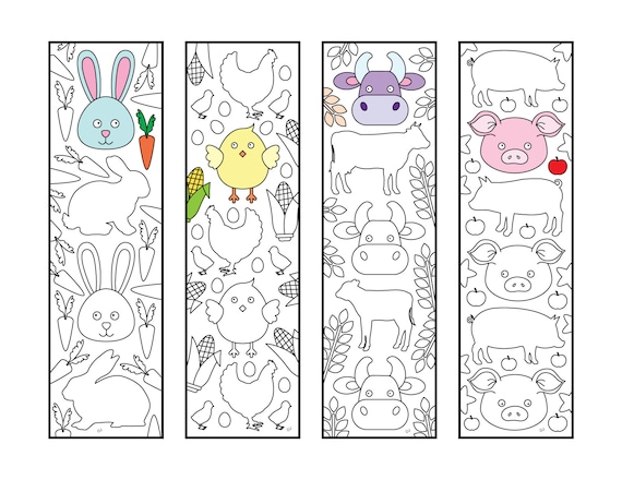 Cute farm animal bookmarks pdf coloring page bunny chicken cow pig