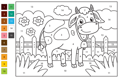 Cow color by number free printable coloring pages