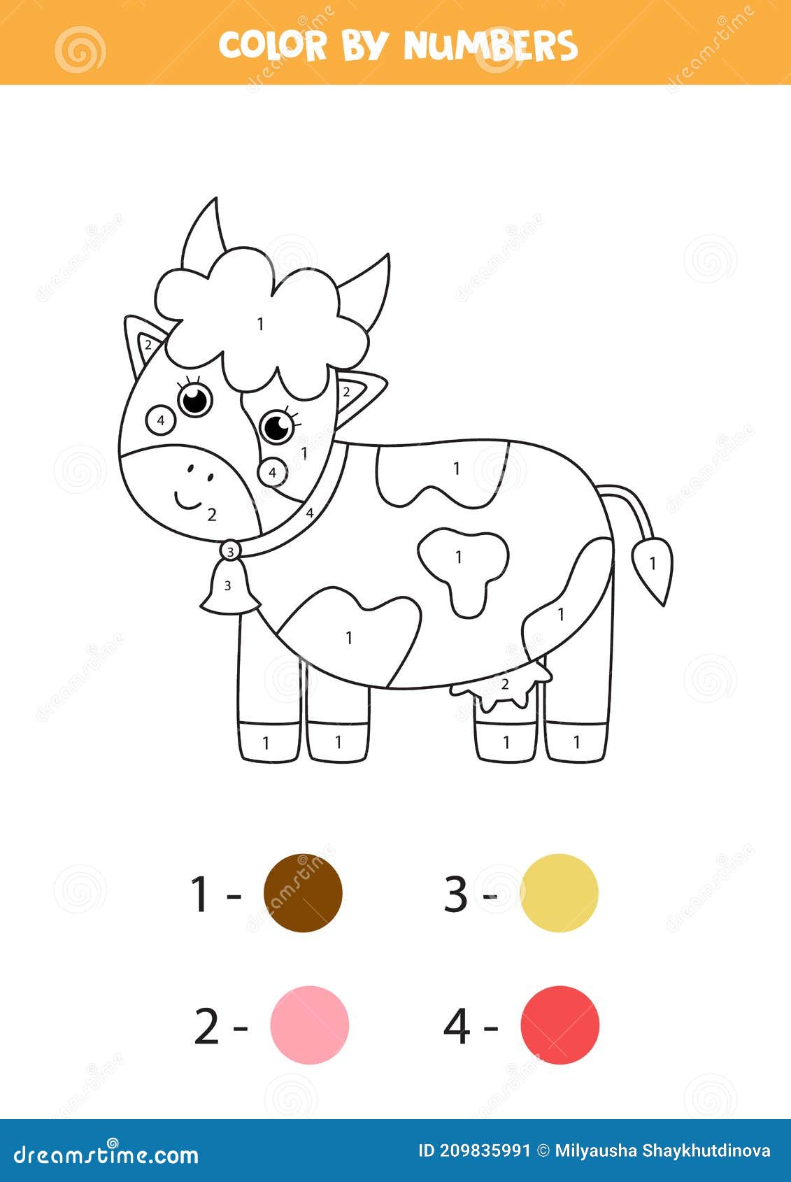 Color cute cow by numbers farm animal worksheet stock vector