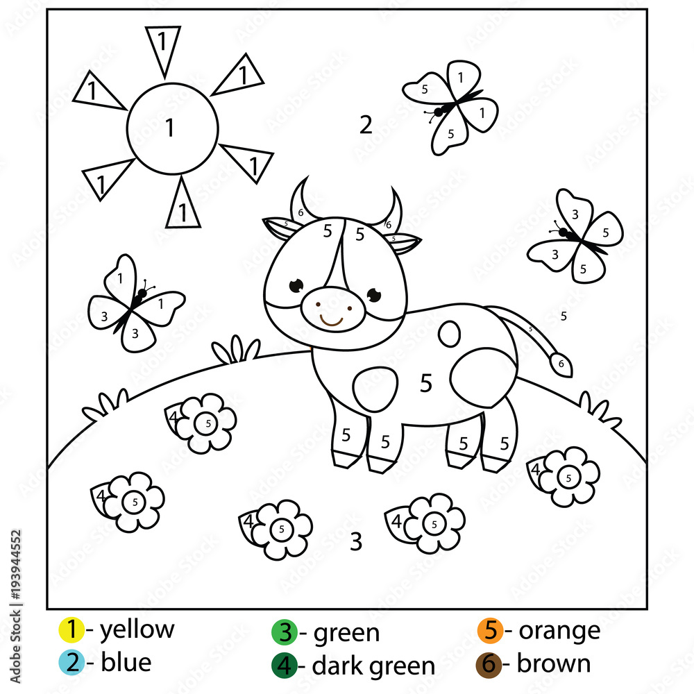 Educational game for kids and toddlers color by numbers printable worksheet for children coloring page with cow vector