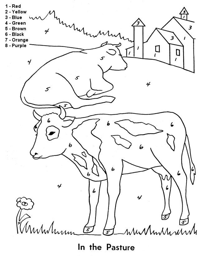 Color by number coloring page easy beginner follow the color numbers cows in the pasture coloring page activity sheet