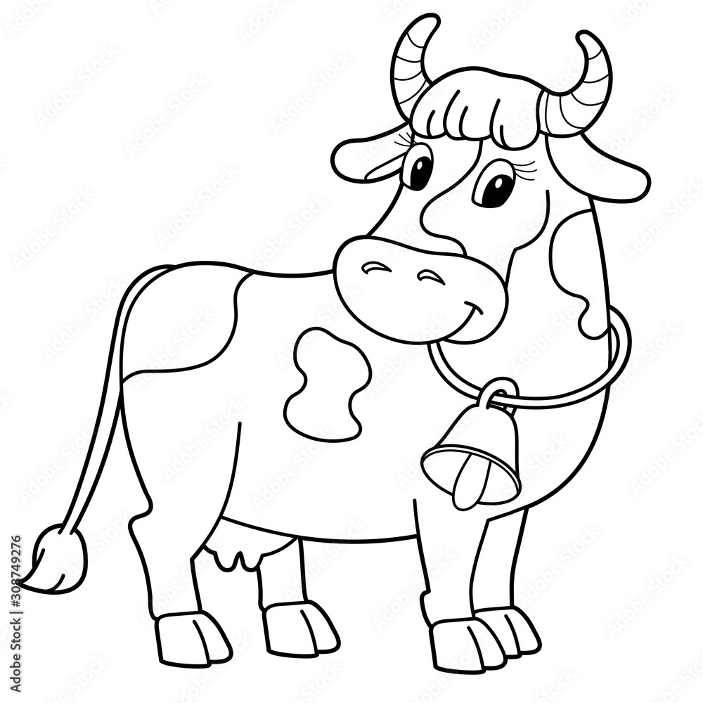 Coloring page outline of cartoon cow with bell farm animals coloring book for kids vector