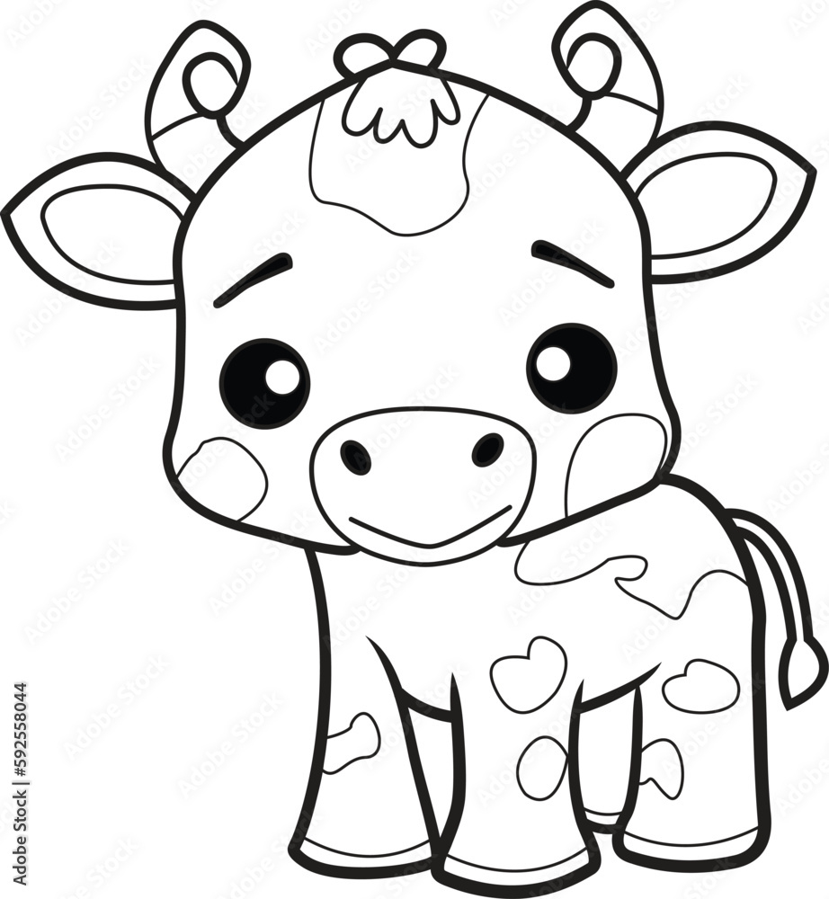Cute cow cartoon black and white lines coloring page for kids activity book vector