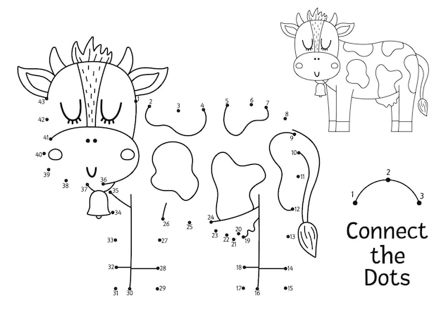 Premium vector vector dottodot and color activity with cute cow on the farm connect the dots game for children with funny farm animal rural country coloring page for kids printable worksheetxa