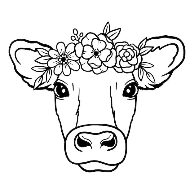 Premium vector cow head wreath of flowers crown of flowers outle cow head vector cow logo farm animal cow drawg cow logo cow art