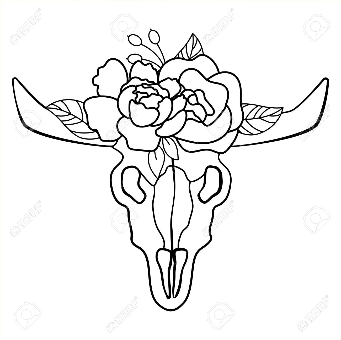 Cow skull with peonies bouquet bohemian design vector for stencils and cutout files boho skull flowers outline style royalty free svg cliparts vectors and stock illustration image