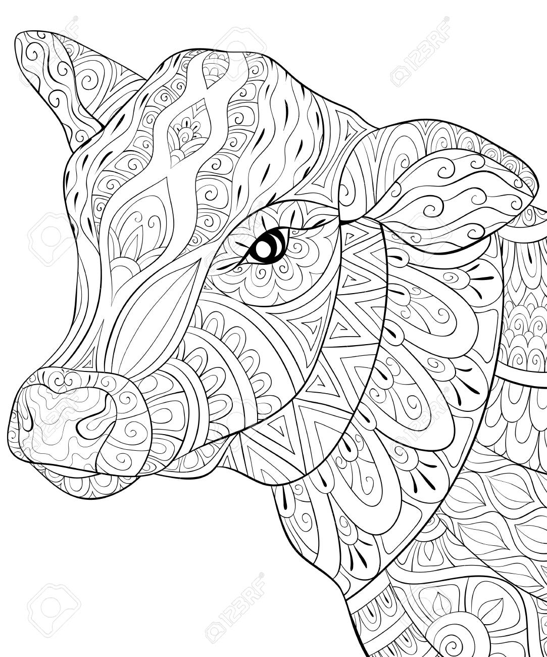 A cute head of cow with ornaments image for relaxing activitya coloring bookpage for adultszen art style illustration for printposter design royalty free svg cliparts vectors and stock illustration image