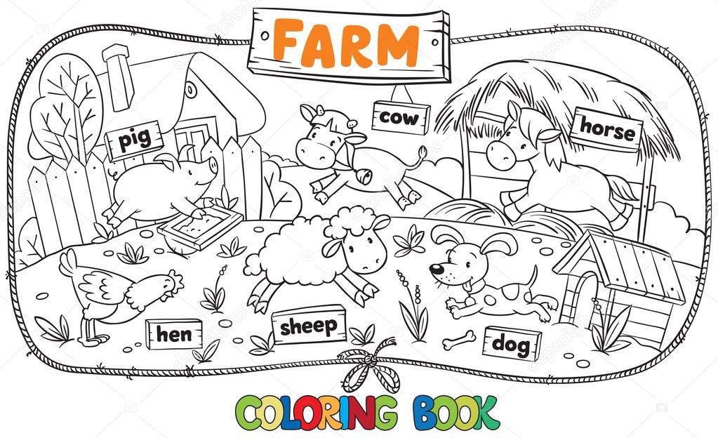 Great coloring book with farm animals stock vector by passengerz