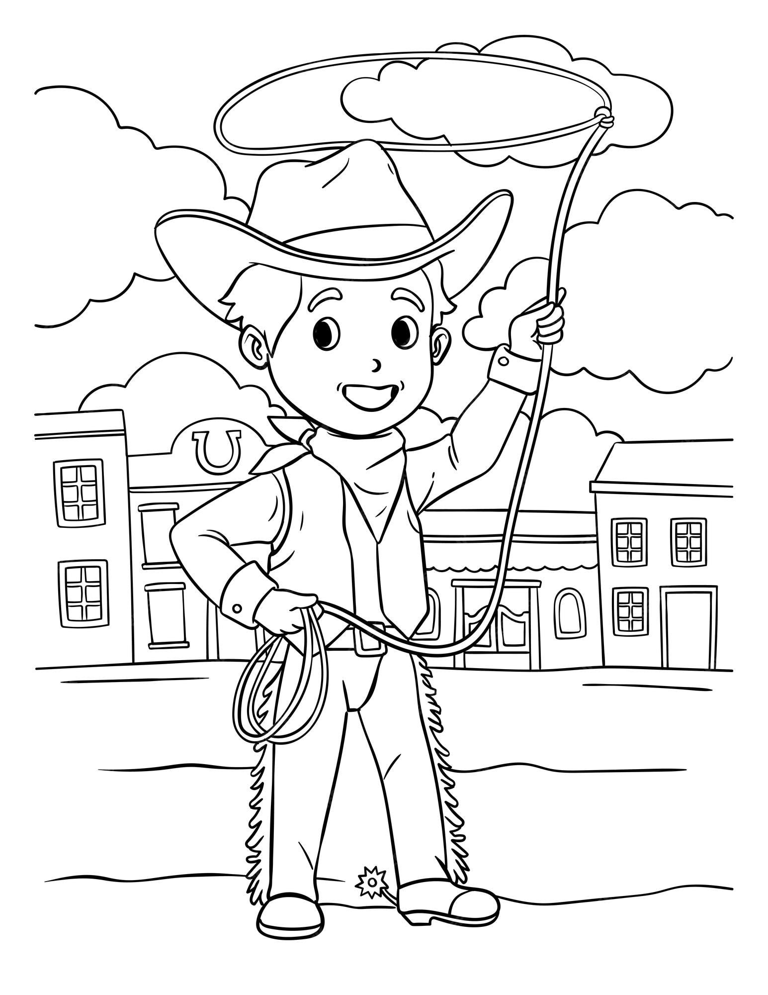 Premium vector cowboy with rope coloring page for kids