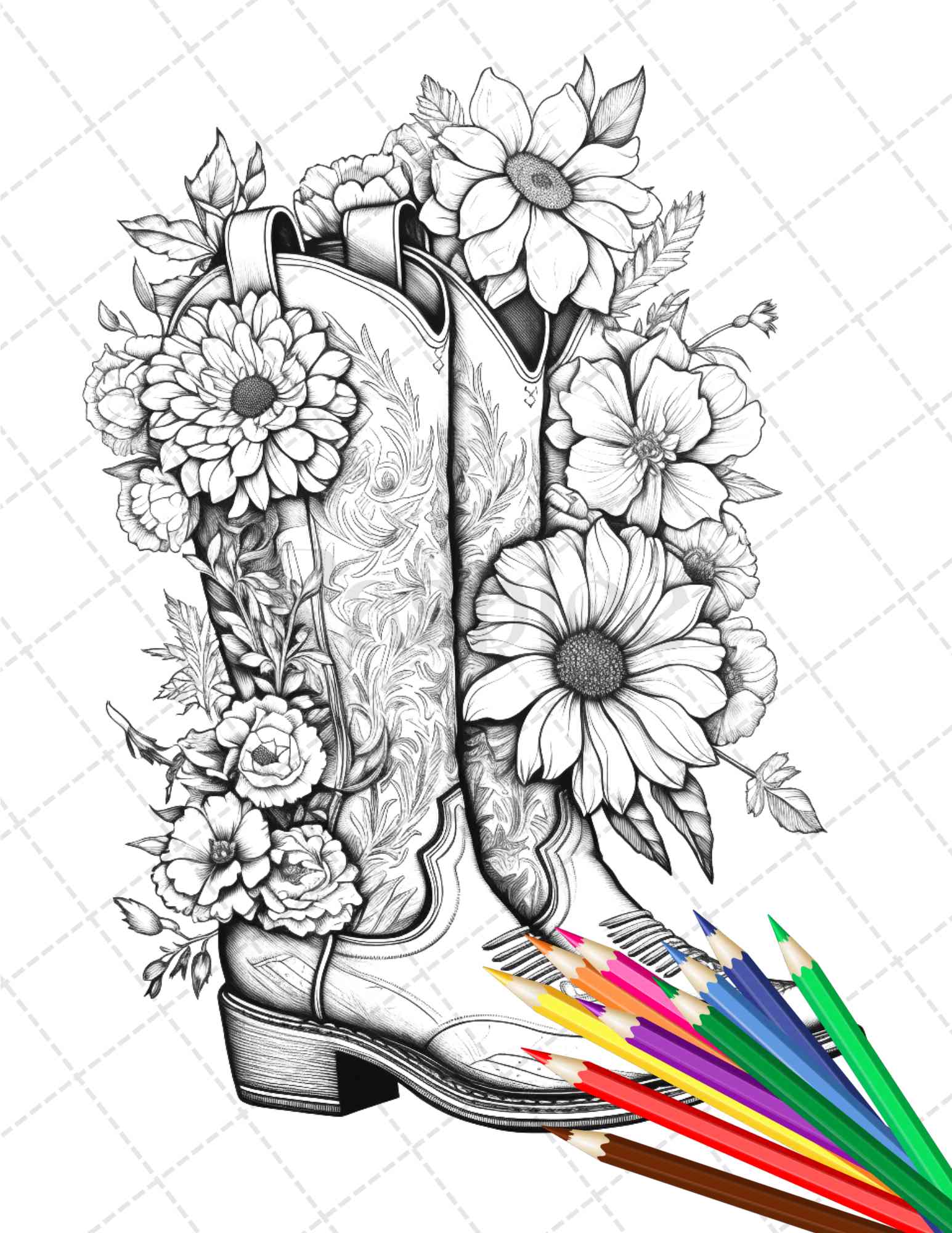 Flower boots coloring pages printable for adults floral grayscale â coloring