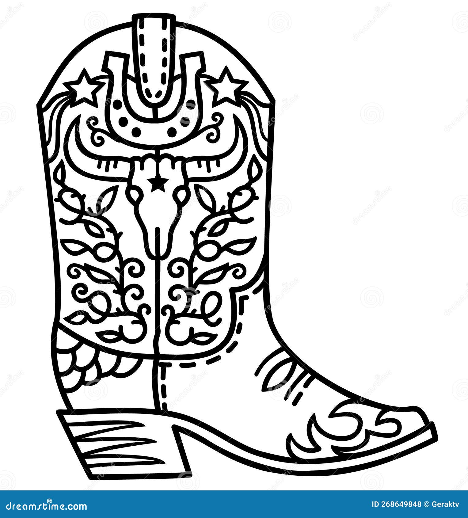 Cowboy boot with wild west decoration vector illustration vector american cowboy boot with bull skull and horseshoe decor black w stock vector
