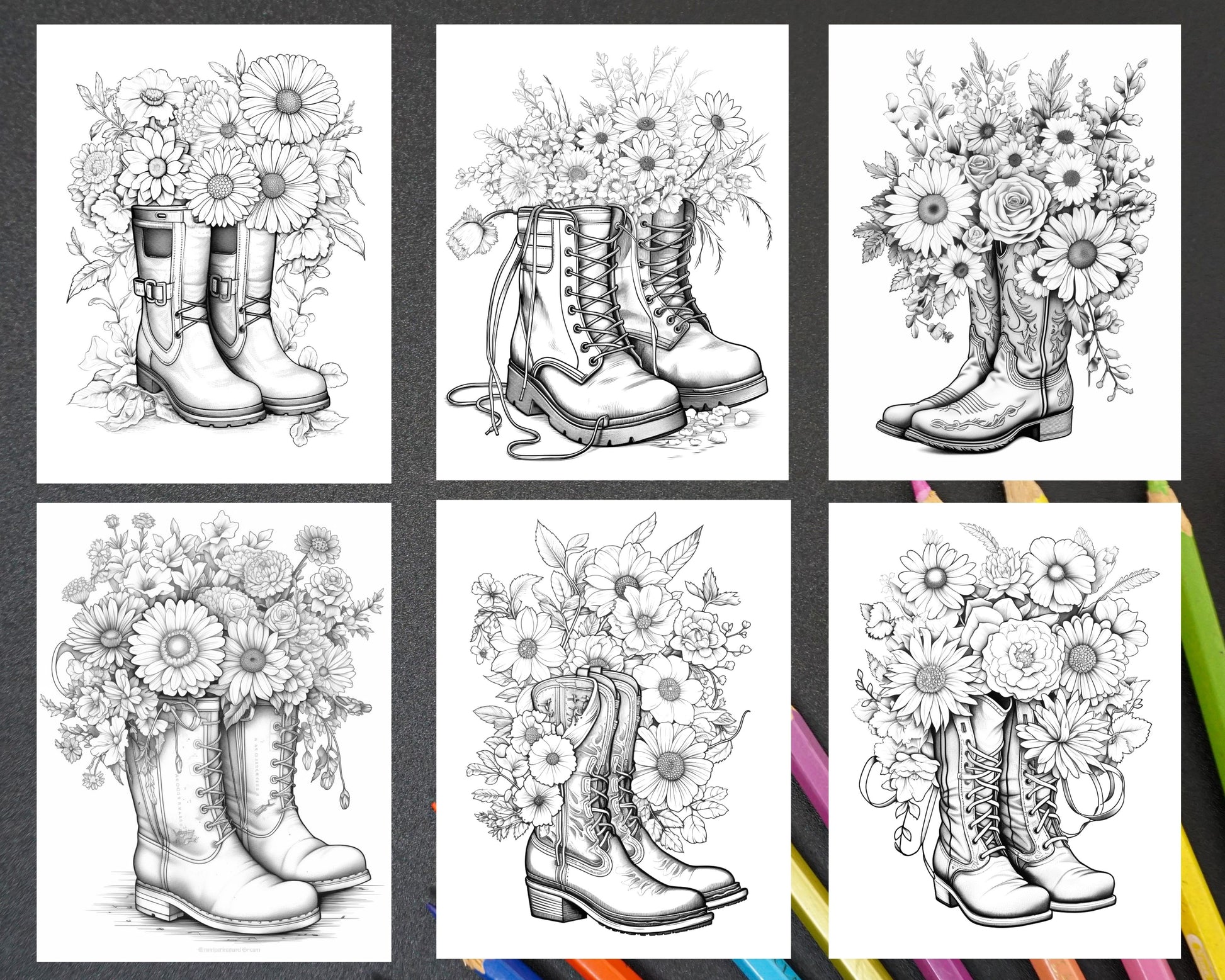 Flower boots coloring pages printable for adults floral grayscale â coloring