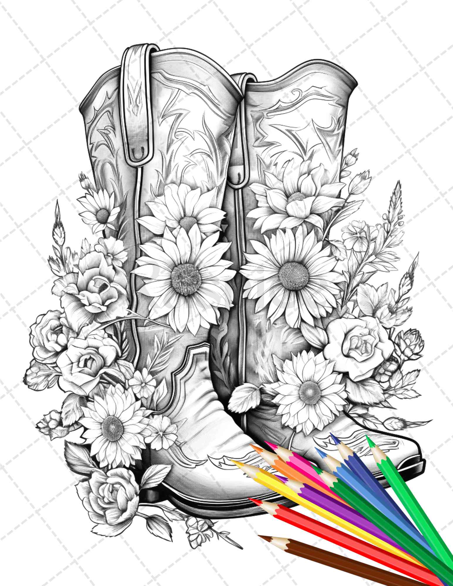 Flower boots coloring pages printable for adults floral grayscale â coloring
