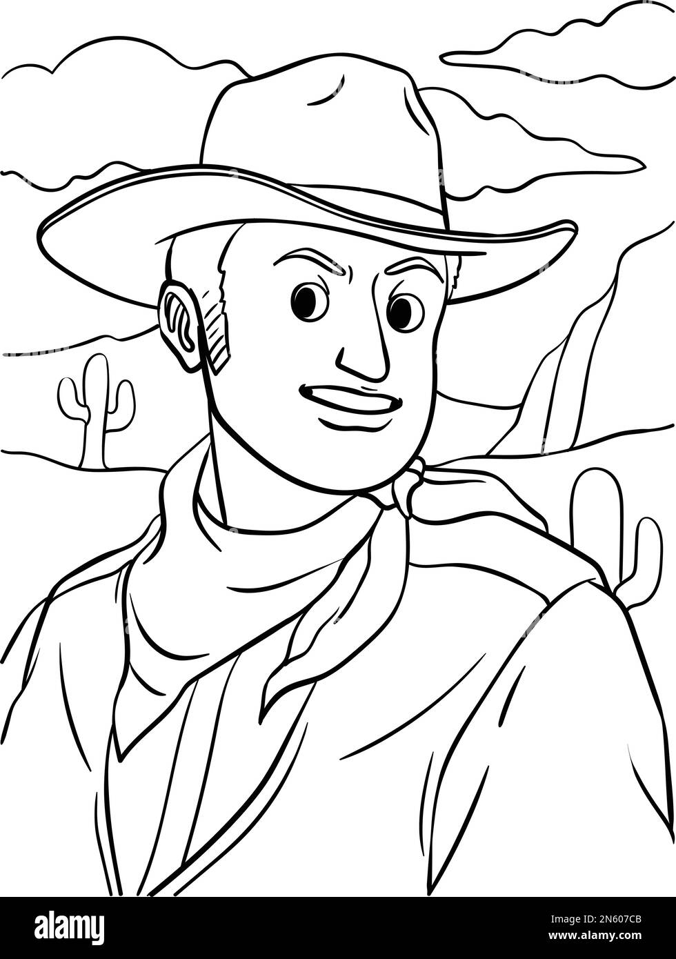 Cowboy in the desert coloring page for kids stock vector image art