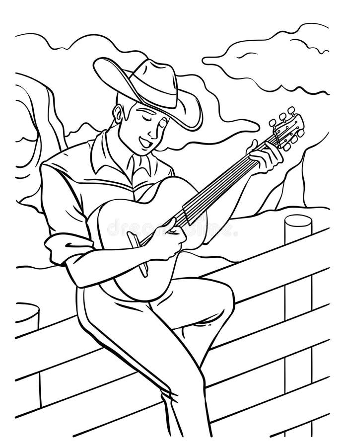 Cowboy playing guitar coloring page for kids stock vector