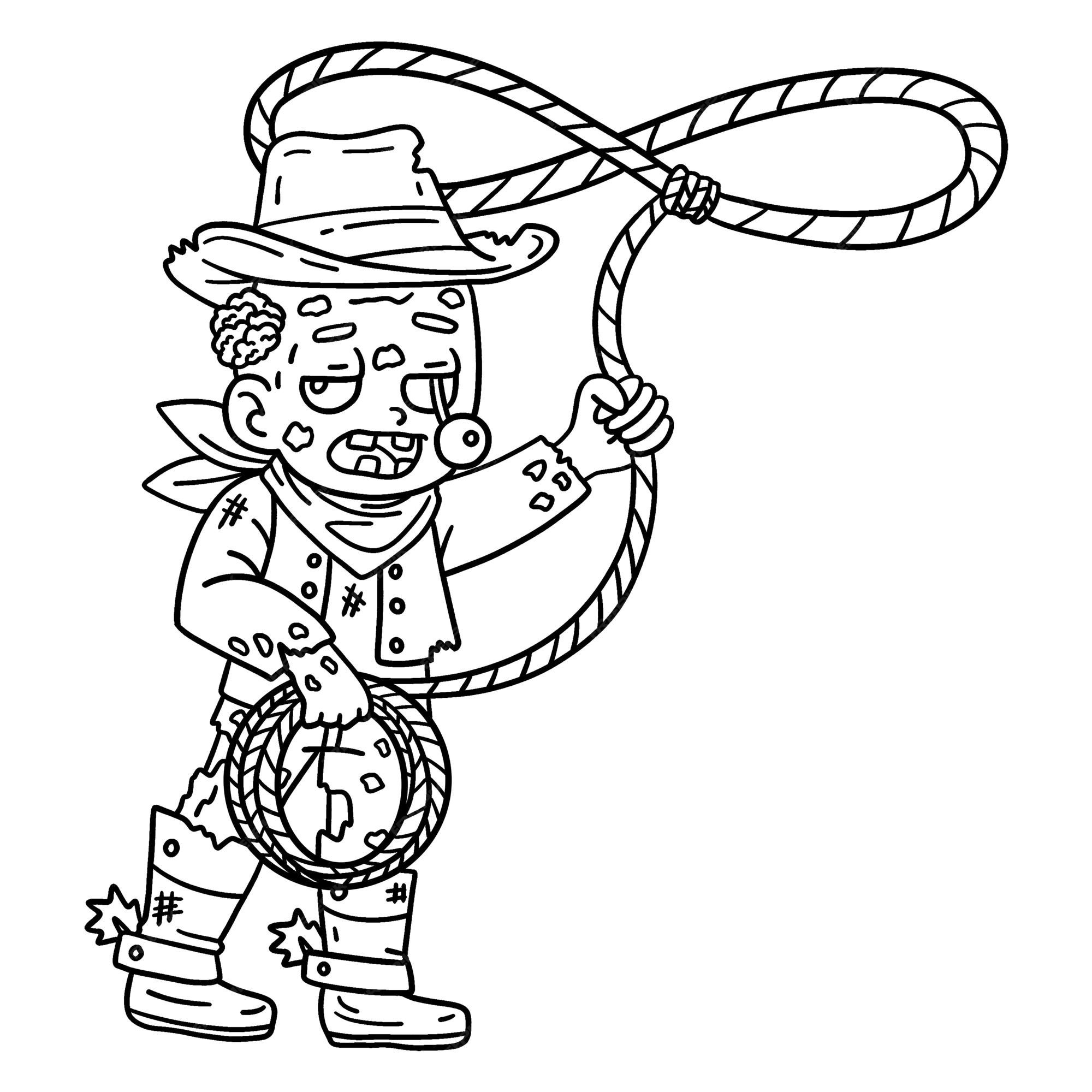 Premium vector a cute and funny coloring page of a zombie in cowboy outfit provides hours of coloring fun for children to color this page is very easy suitable for little
