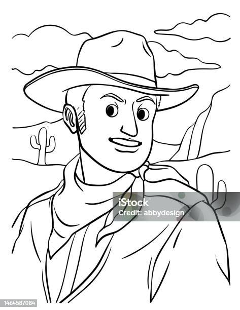 Cowboy in the desert coloring page for kids stock illustration