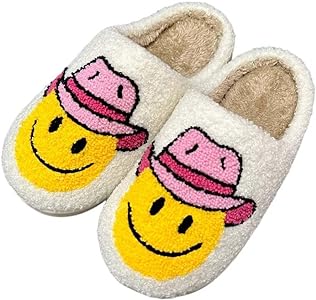 Jinlonyu cowboy boot and cowgirl hat slippers for women men cute smile face slippers warm cozy couple indoor outdoor house shoes smile hat