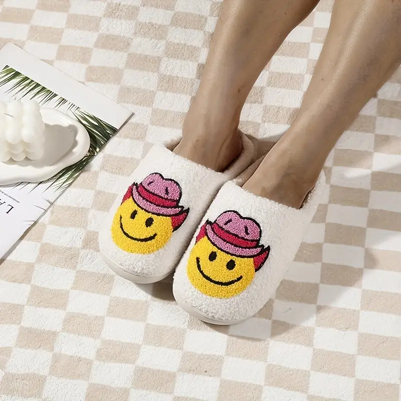 Cowboy hat smile face fuzzy slippers cute closed toe