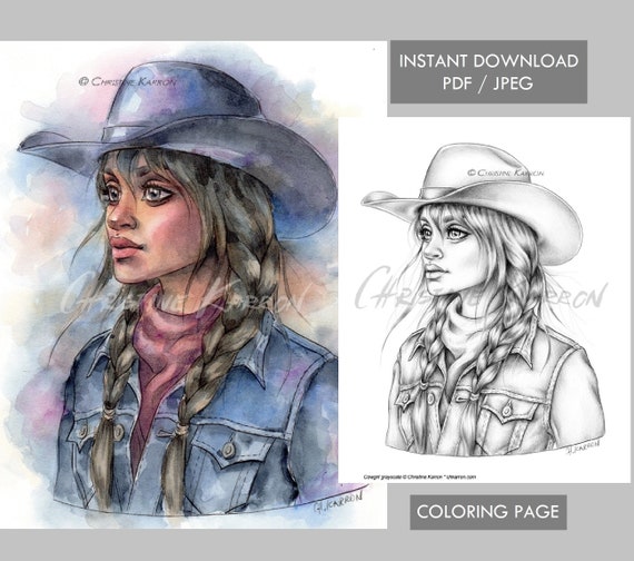 Cowgirl coloring page grayscale western farm girl woman hat illustration instant download printable file jpeg and pdf christine karron