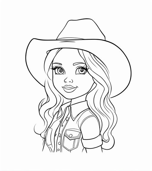 Coloring pages beautiful long haired cowgirl adult doll