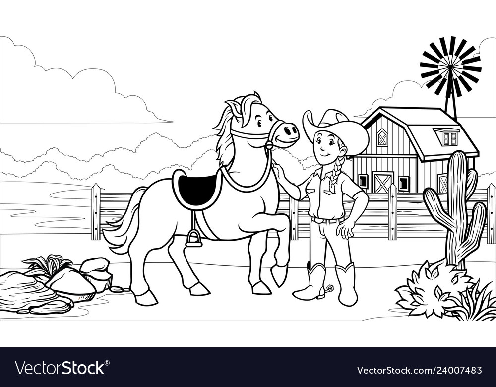 Black and white coloring page happy cowgirl vector image