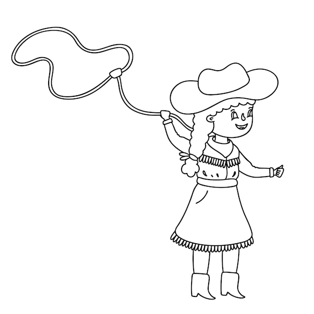 Premium vector cowgirl kid twirling a lasso vector outline illustration for children coloring page