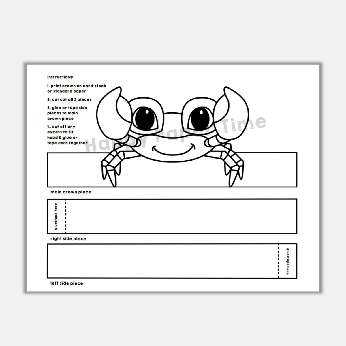 Crab paper crown printable ocean animal coloring craft made by teachers