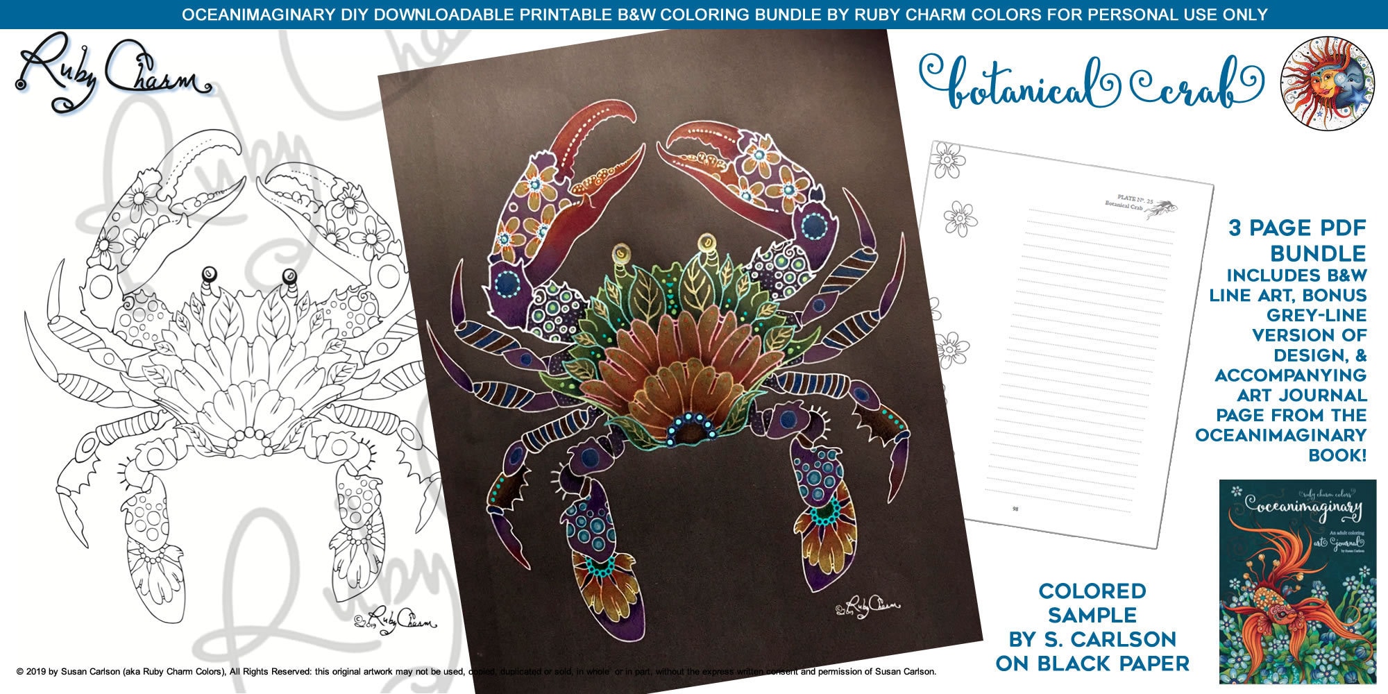 Oceanimaginary botanical crab downloadable pdf bundle by ruby charm colors print color adult coloring page ocean sea life nature
