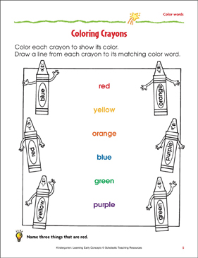 Coloring crayons matching color words and colors printable skills sheets