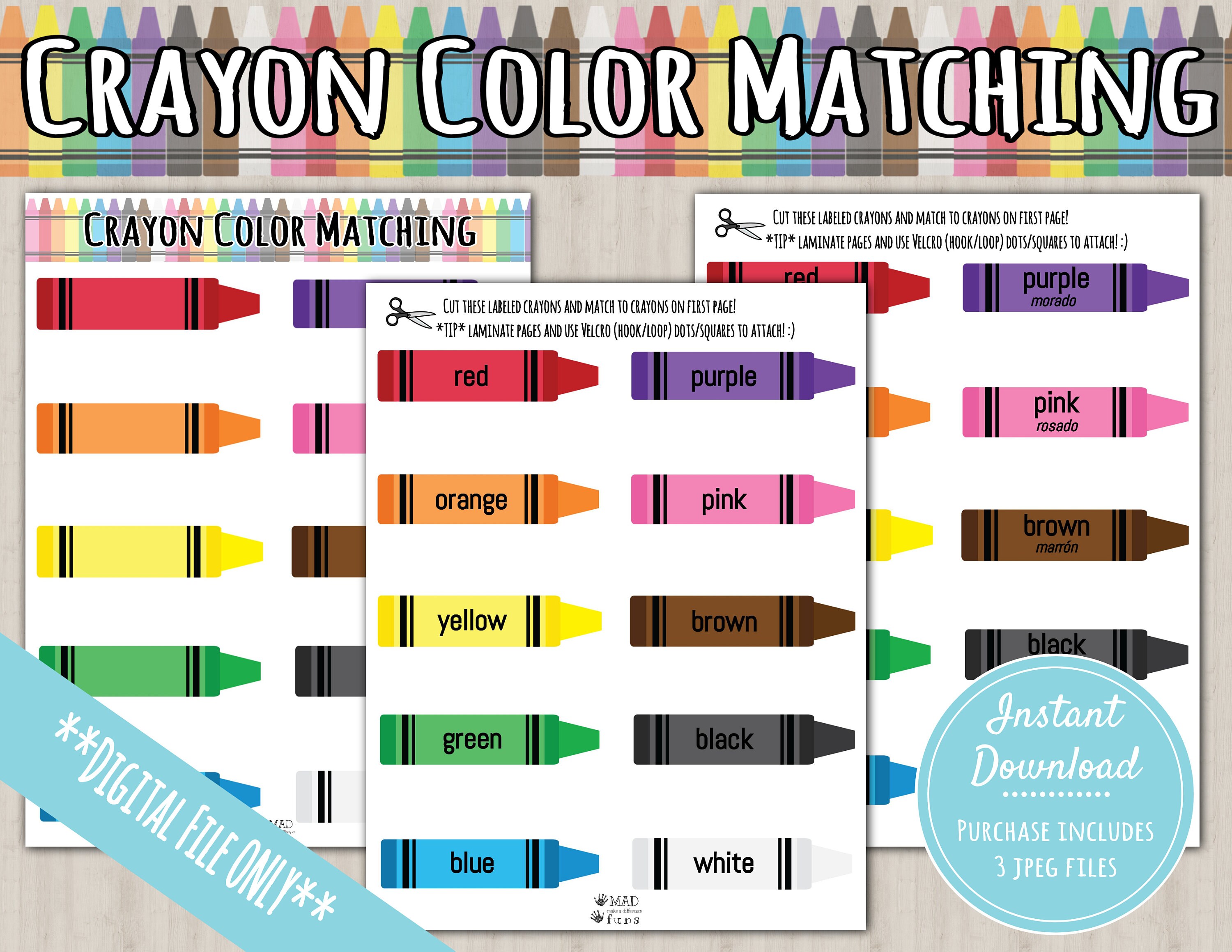 Learning colors crayon printable activity digital download learn colors english spanish game match toddler busy binder instant download