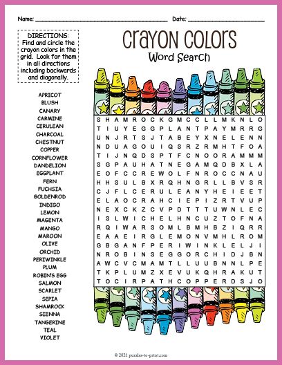 Crayon colors word search word find library activities classroom fun