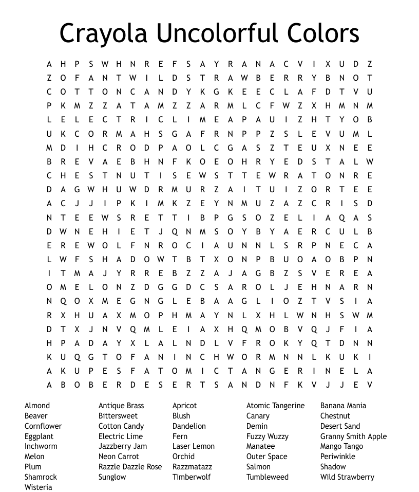 Crayola uncolorful colors word search