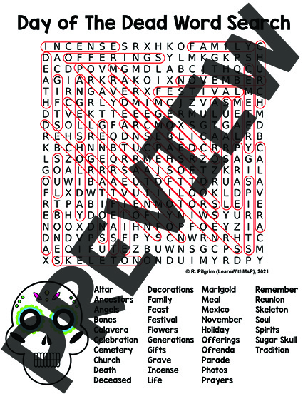Dia de los muertos word search coloring page made by teachers