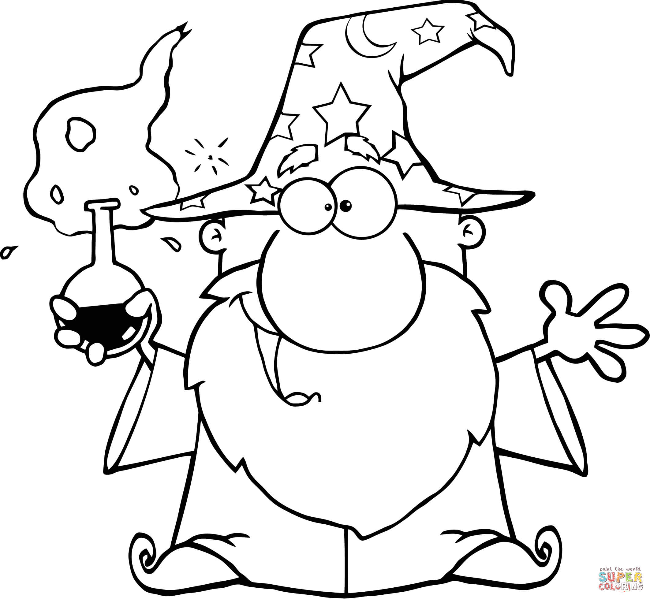 Crazy wizard holding a green magic potion coloring page free printable coloring pages