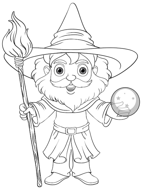 Free vector old wizard wearing a hat with a long beard doodle coloring page