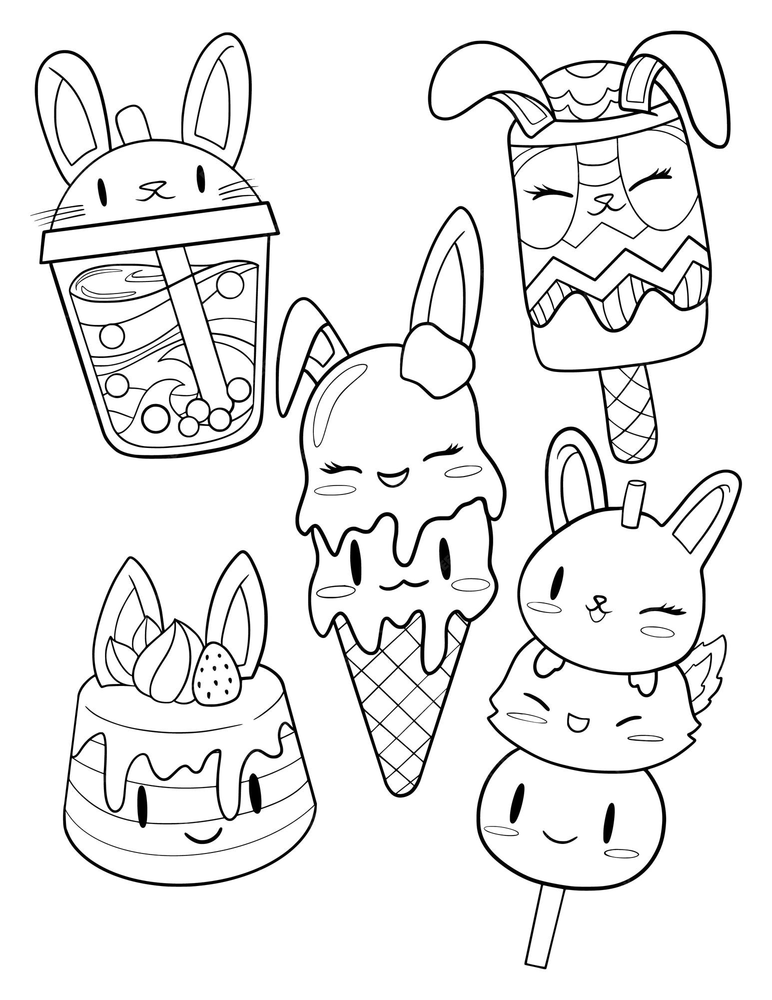 Premium vector a coloring page of ice cream and a bunny hand drawn