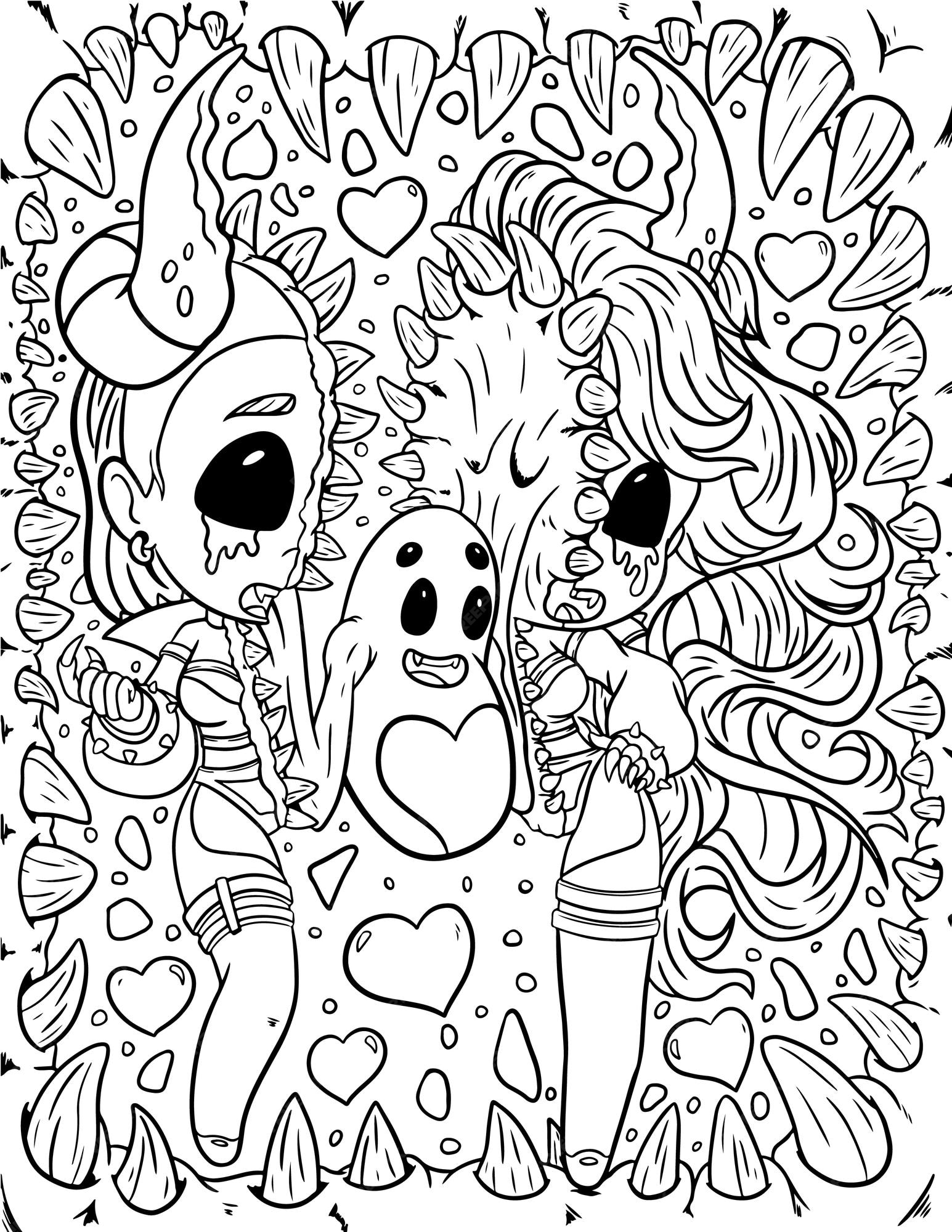 Premium vector cute and creepy kawaii pastel goth adult coloring page
