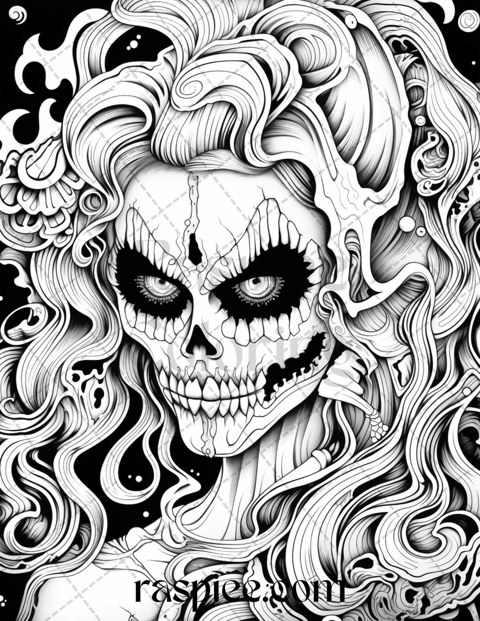 Spooky miss nightmare grayscale coloring pages printable for adults â coloring
