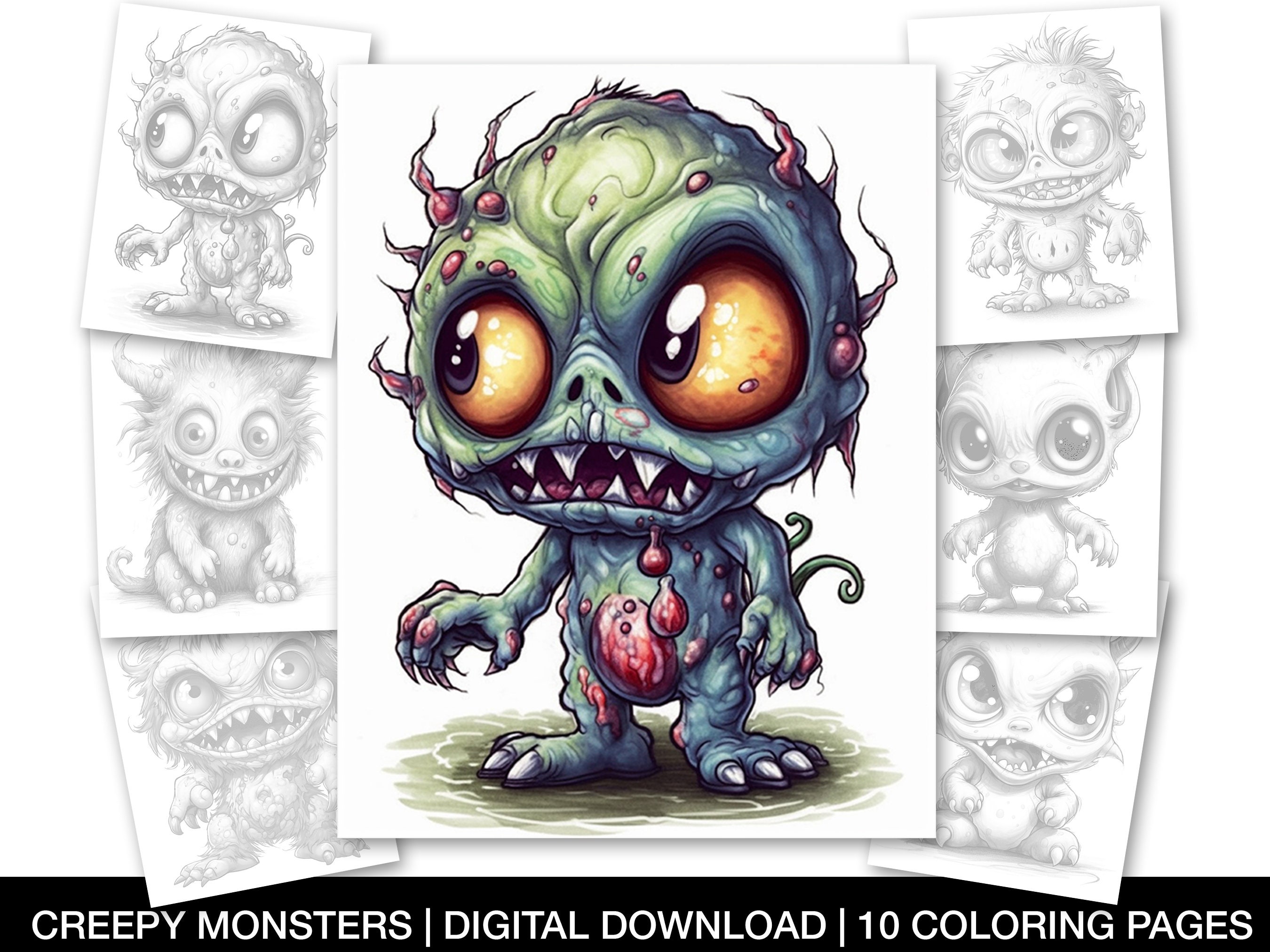 Creepy monsters coloring pages for adults and teens printable cute monsters adorable monsters grayscale coloring sheets instant download