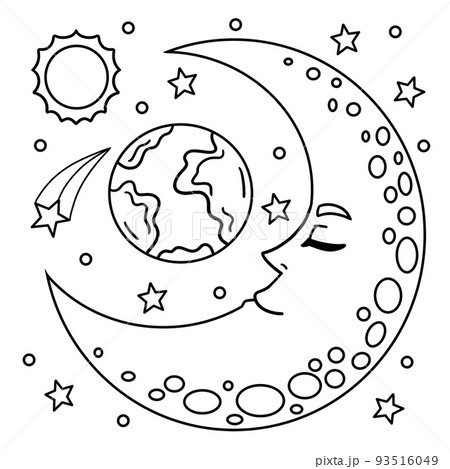 Sleeping crescent moon coloring page for kids