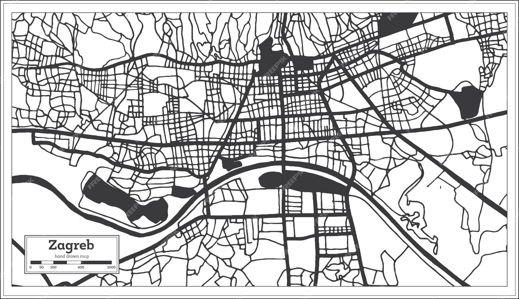 Premium vector zagreb croatia city map in black and white color in retro style isolated on white outline map