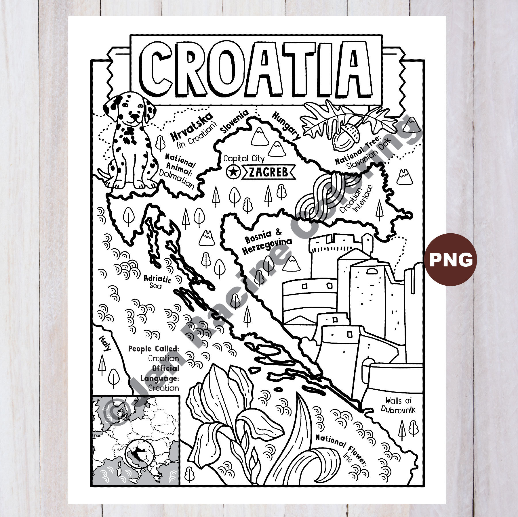 Croatia coloring page geography of europe digital download coloring page