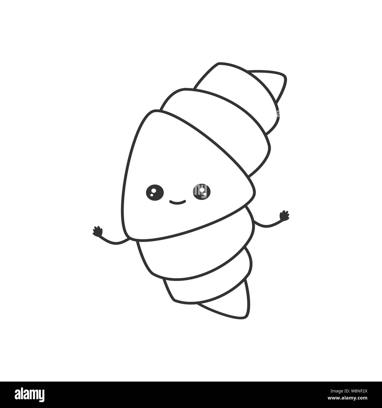 Cute cartoon vector black and white character croissant illustration for coloring art stock vector image art