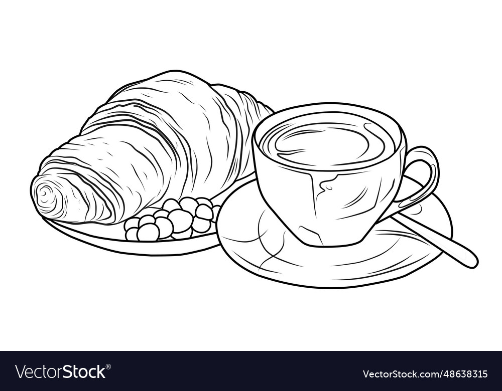 Coloring page with cups of coffee and croissant vector image
