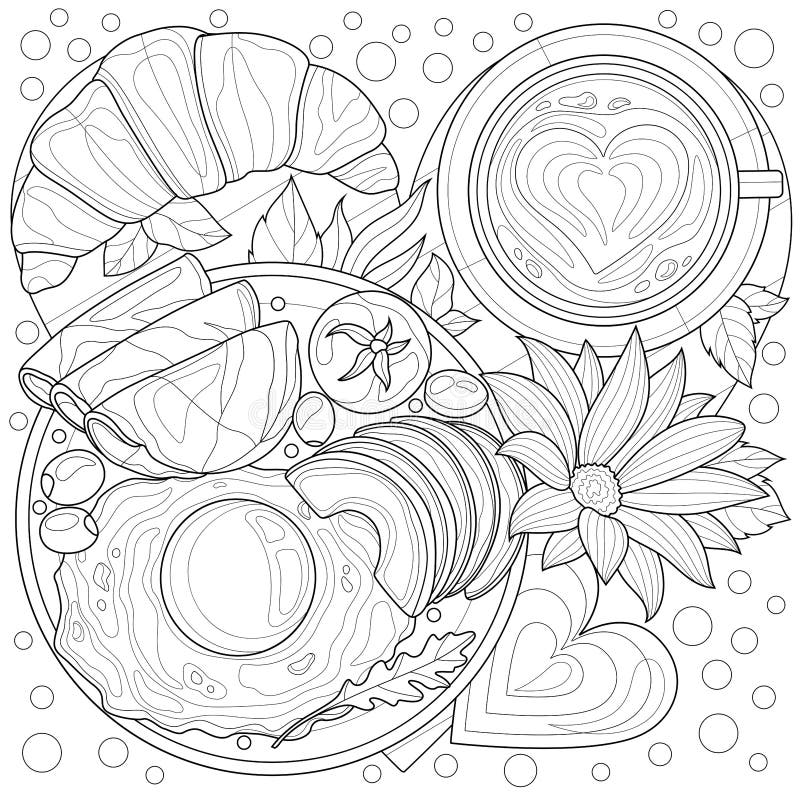 Heart shaped breakfast fried eggs with avocado coffee and croissantcoloring book antistress for children and adults stock vector