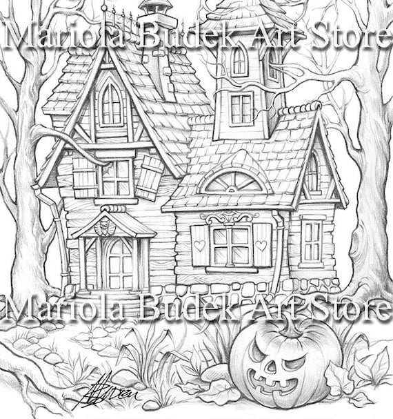 Witchys house mariola budek coloring page printable adult kids halloween colouring pages instant download grayscale illustration pdf