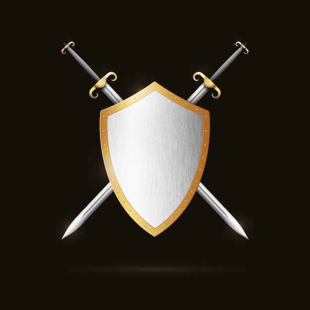 Premium vector two crossed swords behind a shield