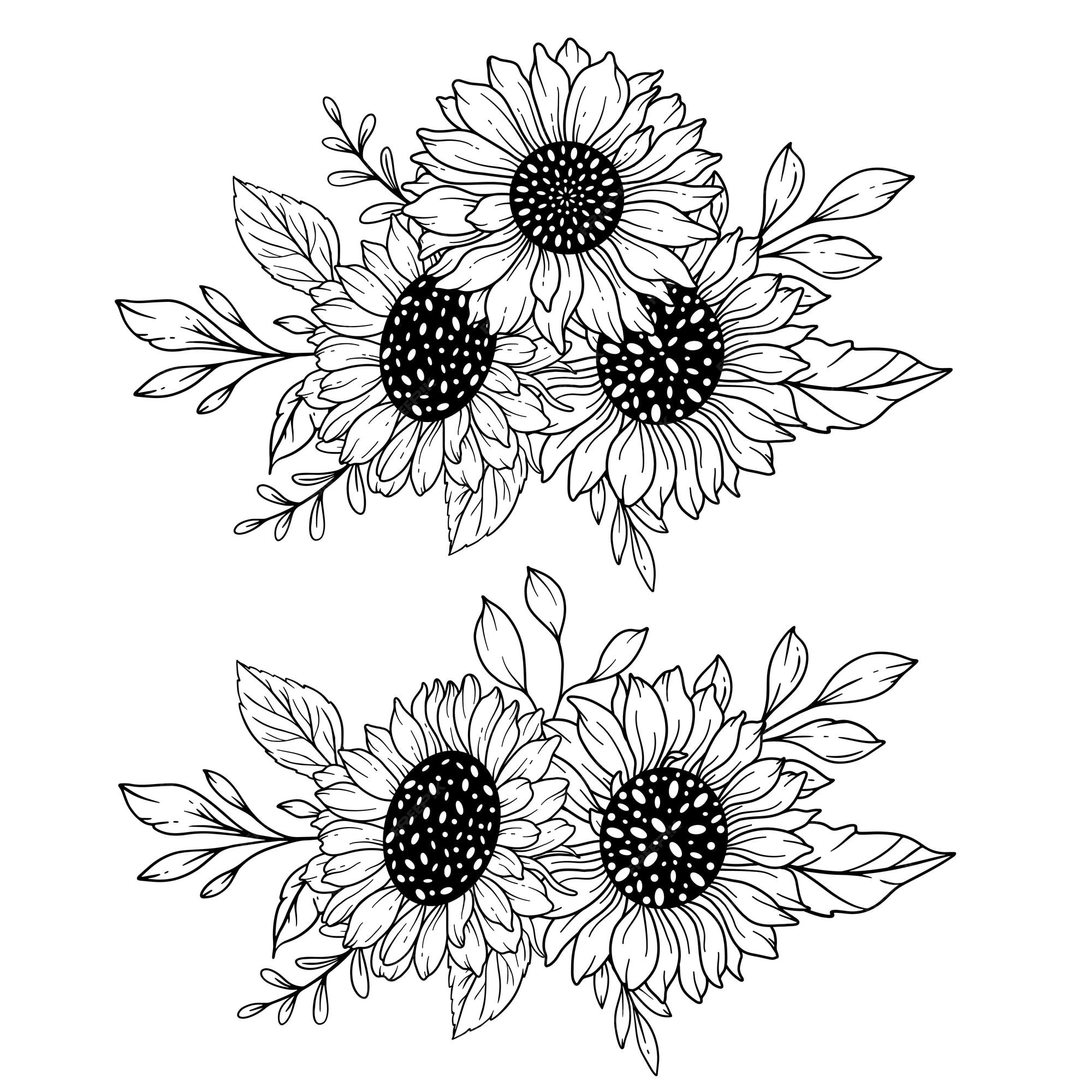 Premium vector sunflowers line art fine line sunflower bouquets hand drawn coloring page with sunflowers