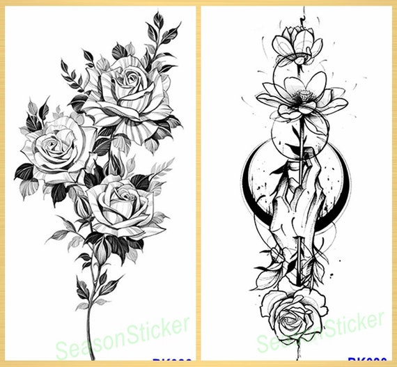 Sunflower tattoo rose black sketch flower cross abstract geometric line stripes body waist arm neck temporary tattoo design bkseries